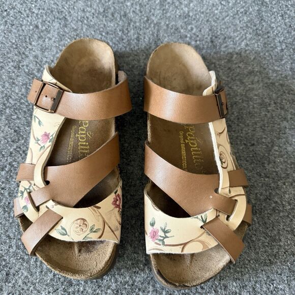 Birkenstock Shoes - Papillio by Birkenstock Pisa Floral Sandals Brown Tan Strappy Cork Slides 7